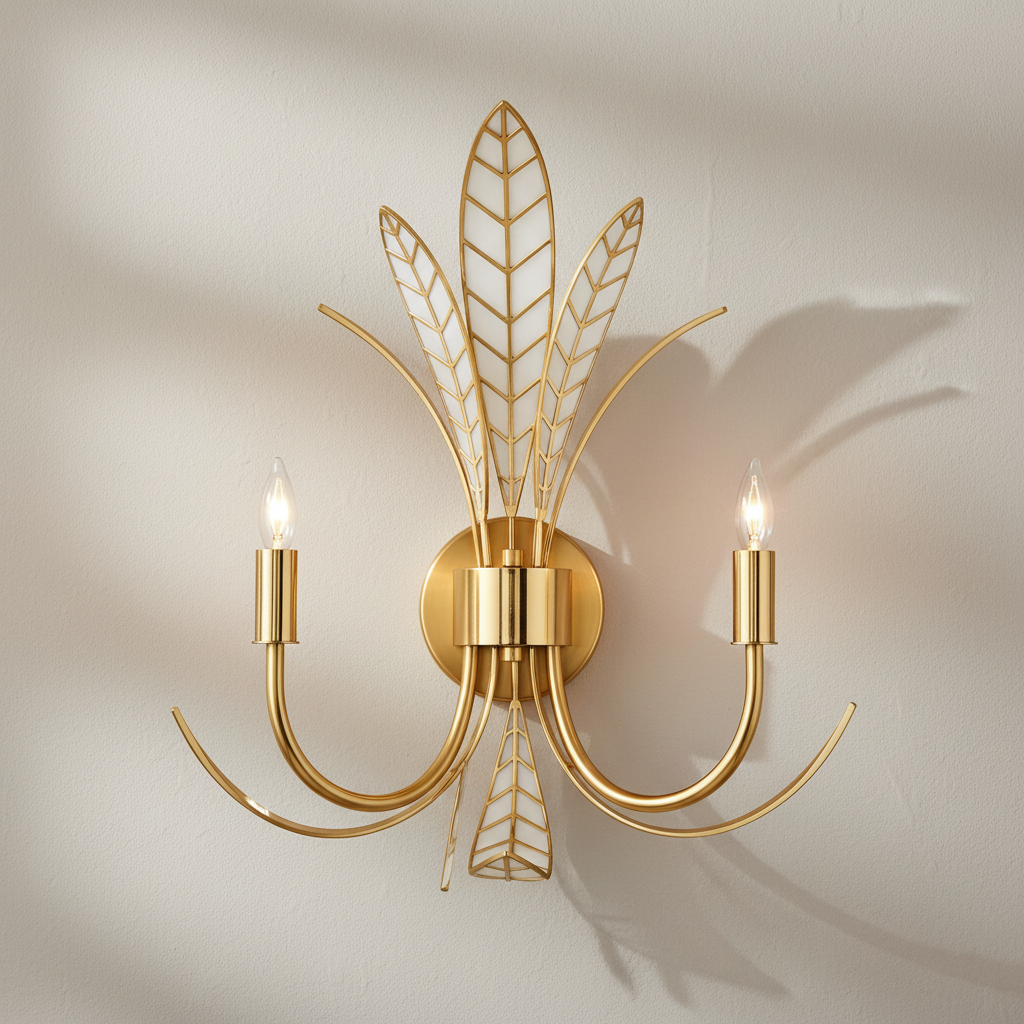 A modern wall-mounted light fixture in a brushed gold finish, featuring a circular backplate with three leaf-like wireframe branches and two curved candle-style arms holding lit bulbs, mounted on a plain off-white wall.