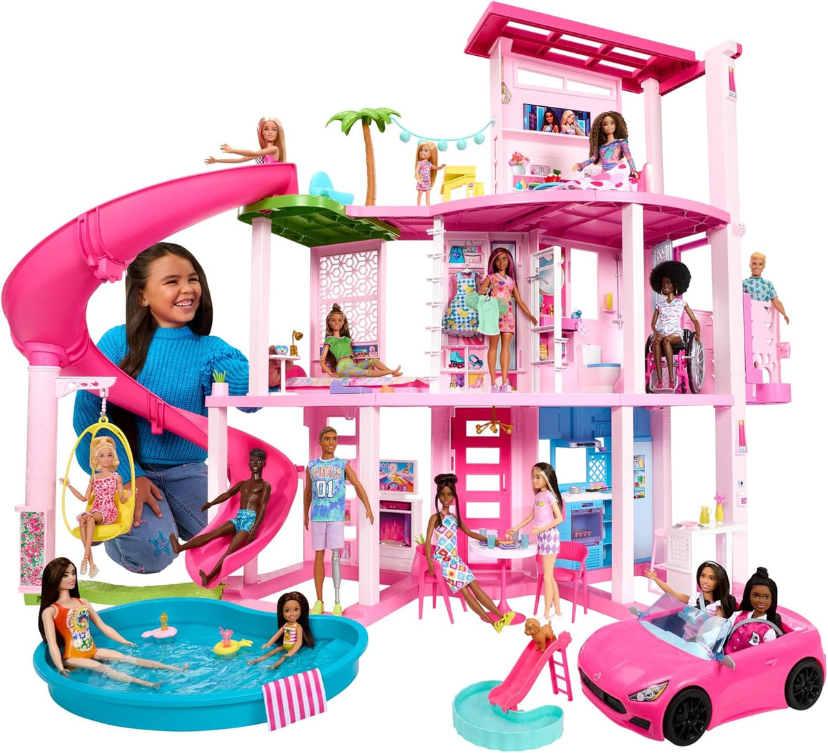Barbie Dreamhouse 2023 – trzypiętrowy domek dla lalek z 75 meblami i akcesoriami, dla dzieci od 3. roku życia (Mattel HMX10)