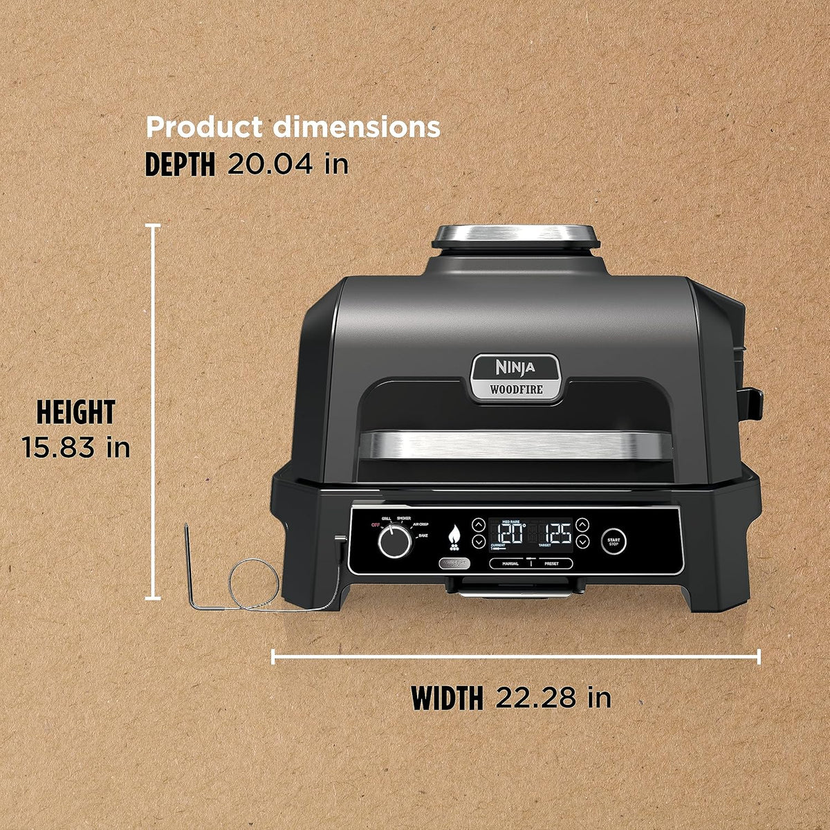 Grill i wędzarnia ogrodowa Ninja Woodfire Pro XL, termometr, wszechstronne urządzenie 4 w 1 (grill, wędzarnia BBQ, frytkownica beztłuszczowa, piekarnik), grill elektryczny przenośny, kolor ciemnoszary, model OG850