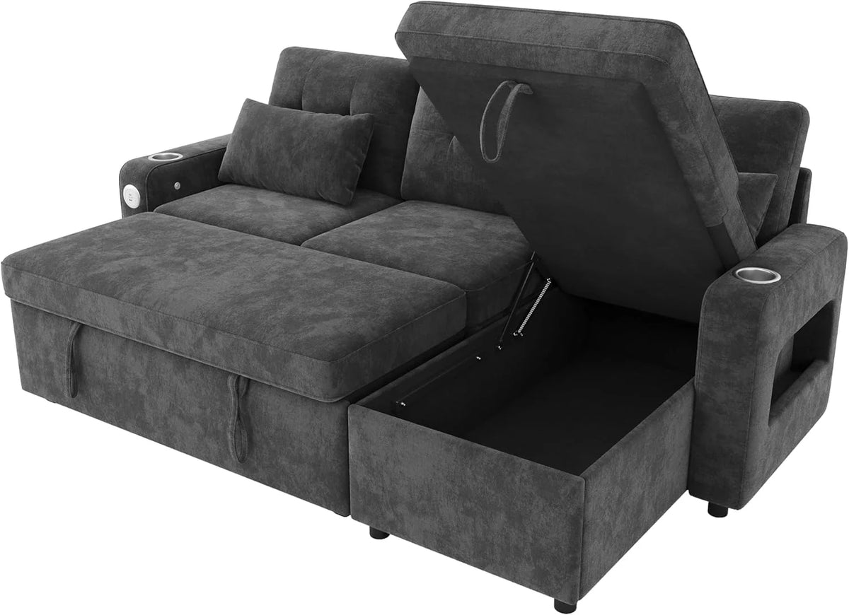 Merax L-vormige hoekbank met slaapfunctie en opbergruimte voor beddengoed - praktische uitklapbare hoekbank met opbergruimte, ledverlichting, USB/USB-C-poorten en 2 bekerhouders - uitklapbare hoekbank, chenille stof.