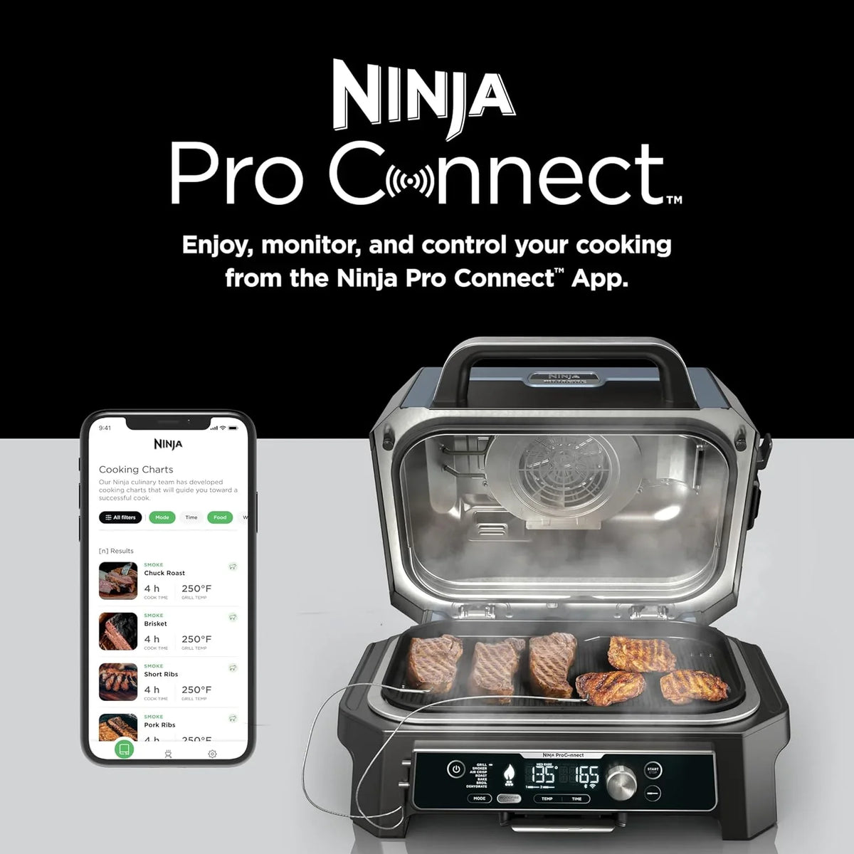 Grill i wędzarnia ogrodowa Ninja Woodfire Pro XL, termometr, wszechstronne urządzenie 4 w 1 (grill, wędzarnia BBQ, frytkownica beztłuszczowa, piekarnik), grill elektryczny przenośny, kolor ciemnoszary, model OG850