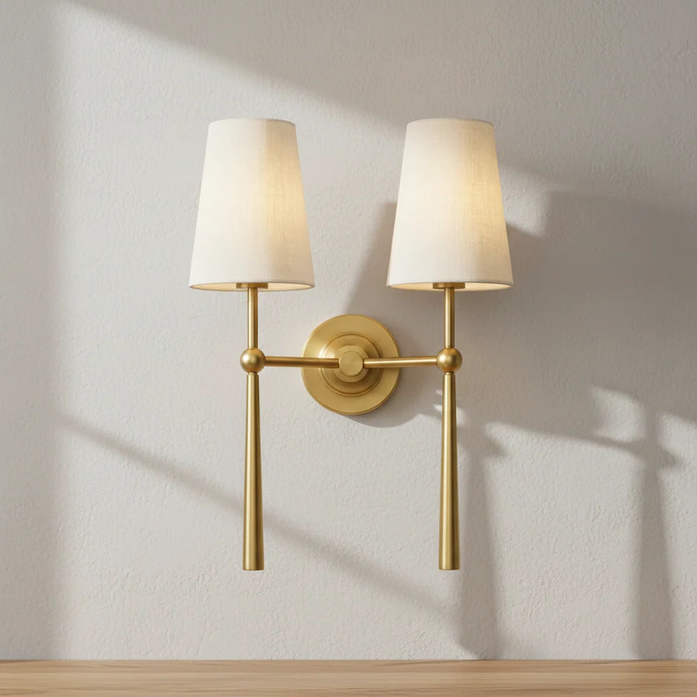 2026 23.25-Inch Two-Light Wall Sconce in Vintage Brass with Raw Silk Shades