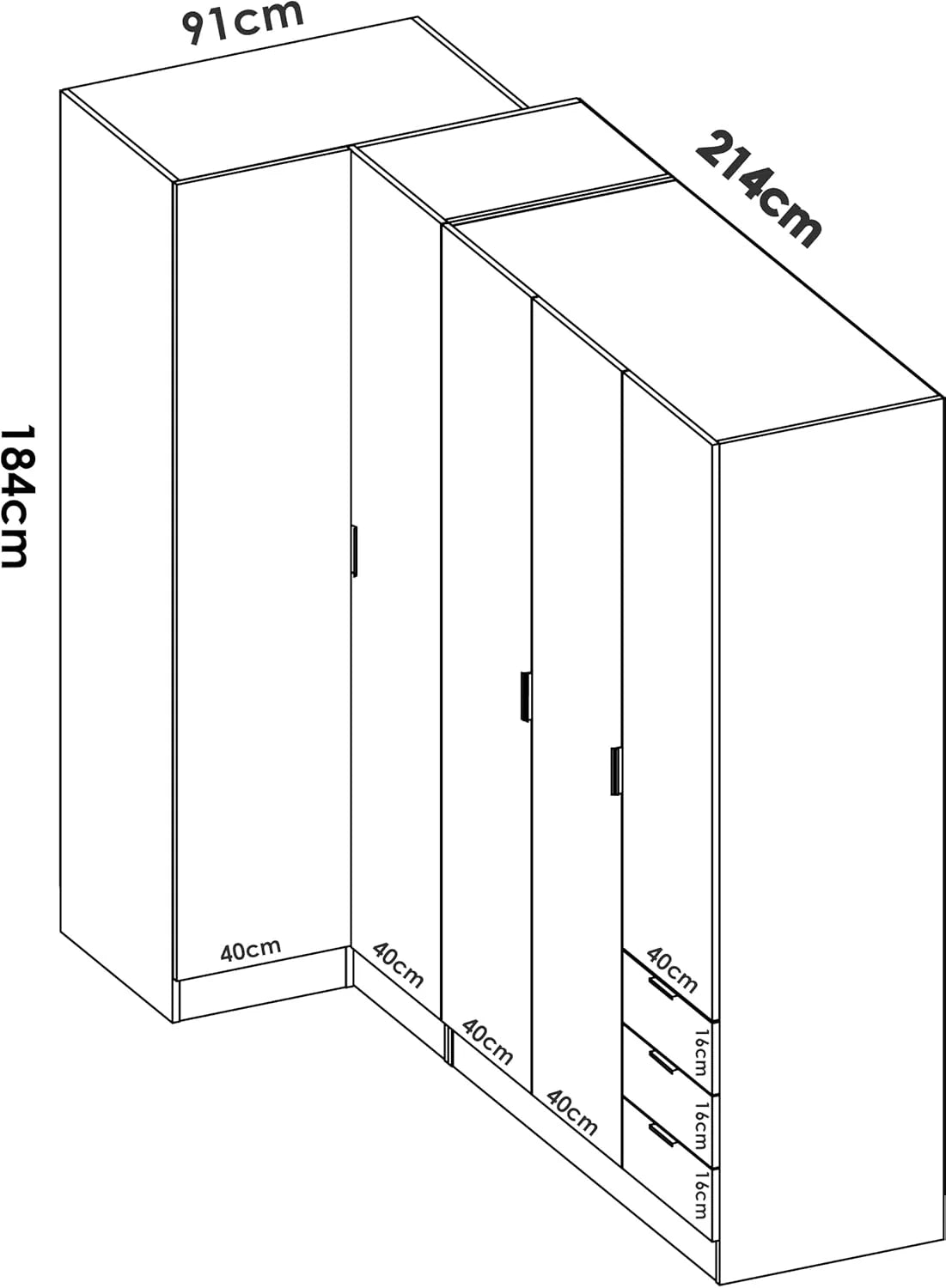 DEKIT GRUPO RIMOBEL Essen Corner Wardrobe with Drawers - Natural Oak - 184 cm (Height) x 91 cm (Width) x 214 cm (Depth)