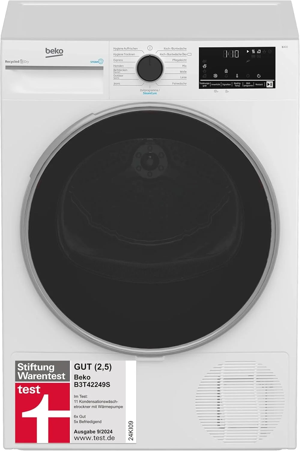 Beko 8 kg wasdroger, Stiftung Warentest beoordeling "Goed" (2,5), geschikt voor mensen met allergieën, Hygiënisch droogprogramma, SteamCure stoomfunctie, 15 programma's, Express programma, B3T42249S, wit