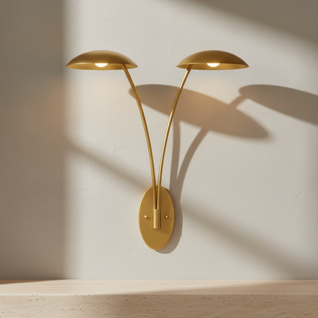 A modern double-arm wall sconce in brushed gold metal, mounted on a textured off-white wall above a light wood surface. The warm sunlight casts soft shadows of the lamp onto the wall.