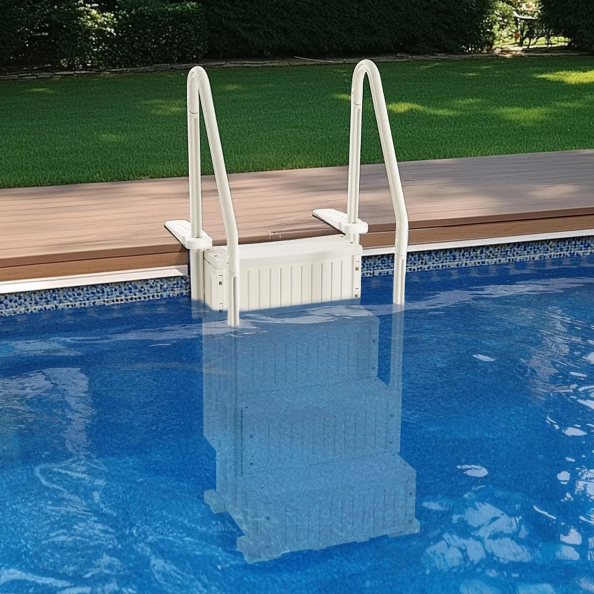 VEVOR zwembadladder, 4 treden met dubbele leuningen en antislip, robuuste treden, draagvermogen van 180 kg, voor bovengrondse en ingegraven zwembaden, melkwit, 874 x 810 x 1985 mm