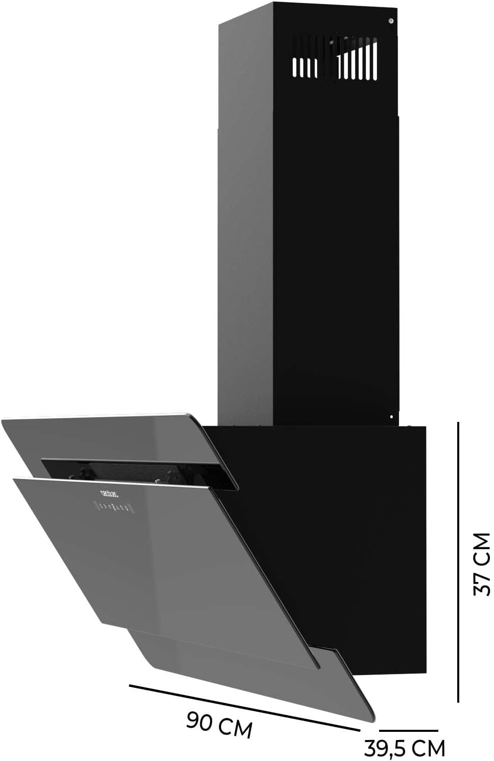 Okap kuchenny Cecotec Flux DT 908000, 90 cm, szkło, czarny, dekoracyjny. Czarne szkło, wydajność wyciągu 800 m³/h, silnik 210 W, klasa energetyczna A, sterowanie dotykowe, 3 poziomy mocy, sterowanie ruchem dłoni.