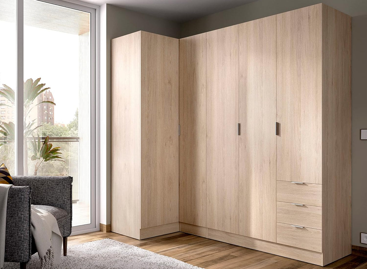 DEKIT GRUPO RIMOBEL Essen Corner Wardrobe with Drawers - Natural Oak - 184 cm (Height) x 91 cm (Width) x 214 cm (Depth)