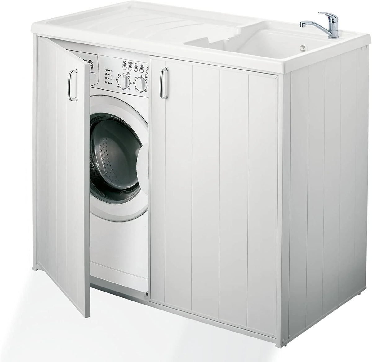 Negrari 5008PAM – dubbelzijdige kast met spoelbak en ruimte voor een wasmachine, materiaal: hars (voor buitengebruik) en PVC, kleur: wit, maat M, 14.000 stuks
