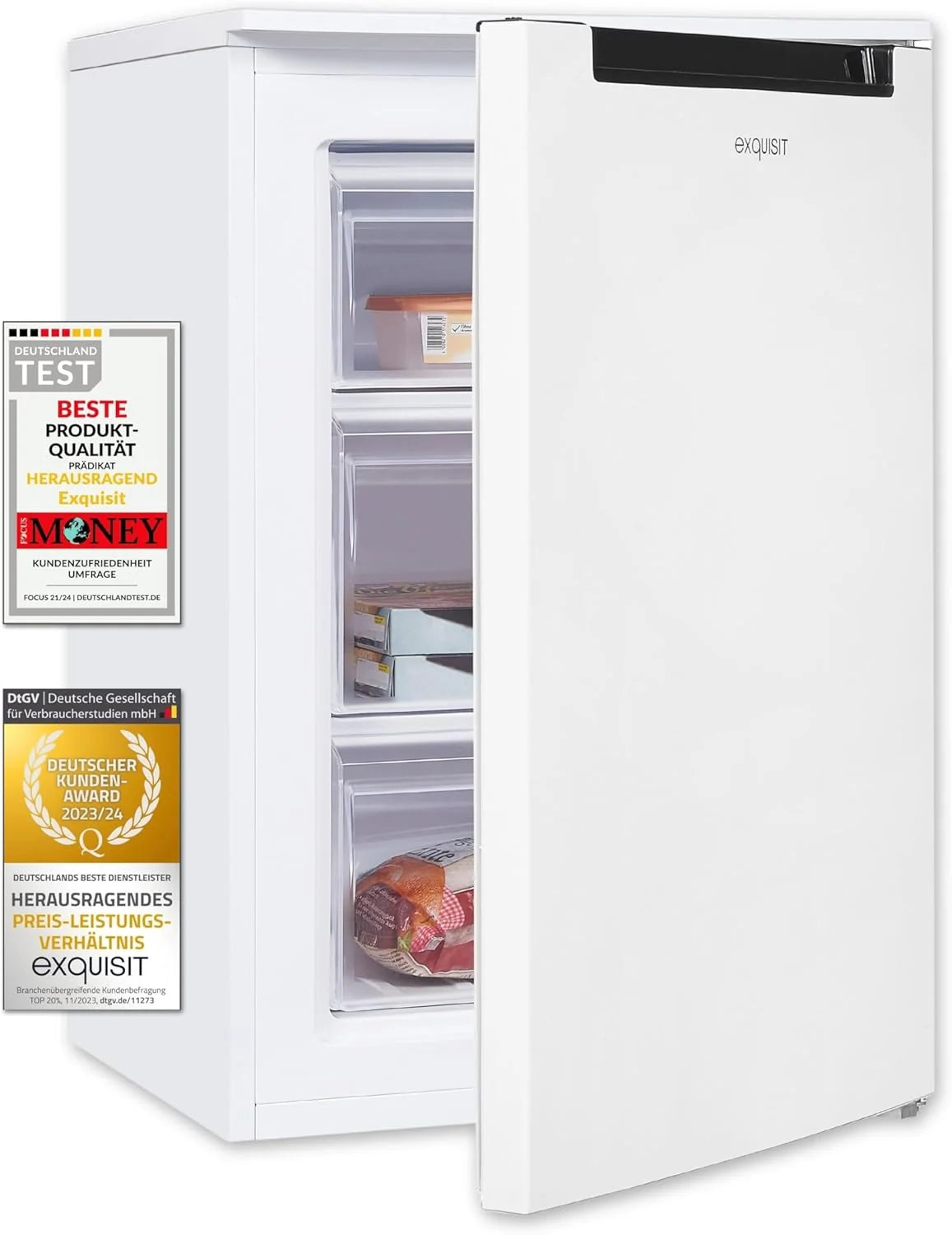 Exquisite staande vriezer, 87 liter, 4 sterren, energieklasse D, wit, 3 lades, handmatige ontdooiing, instelbare thermostaat, omkeerbare deur, 40 dB, verbruik 132 kWh/jaar, 85,5 x 54,5 x 58 cm