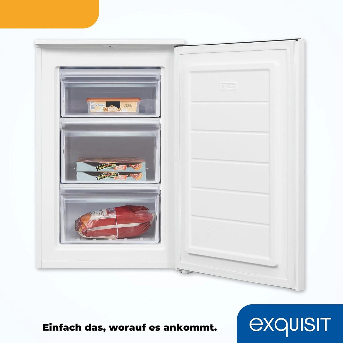 Exquisite staande vriezer, 87 liter, 4 sterren, energieklasse D, wit, 3 lades, handmatige ontdooiing, instelbare thermostaat, omkeerbare deur, 40 dB, verbruik 132 kWh/jaar, 85,5 x 54,5 x 58 cm