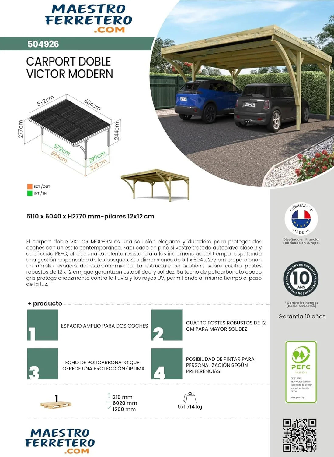 Bosstijl - Victor Moderne Dubbele Carport 30,9 m² (6,02 x 5,11 x 2,52 m) – geïmpregneerd grenenhout – polycarbonaat dak – overdekte parkeerplaats voor 2 auto's – solide en duurzame constructie