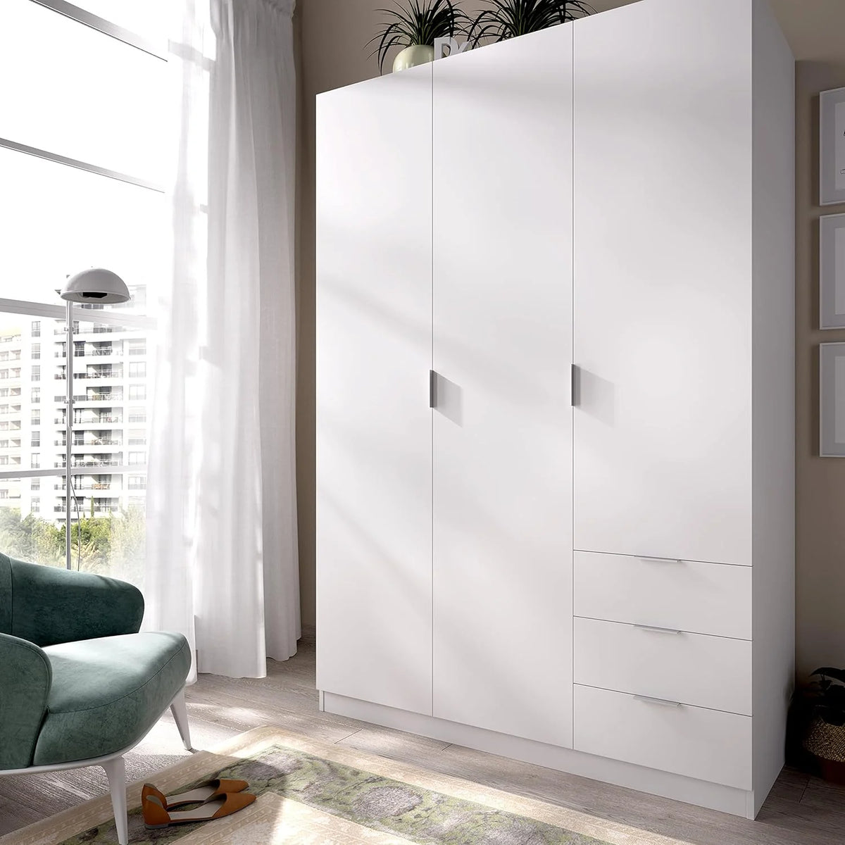 DEKIT GRUPO RIMOBEL Szafa z 3 drzwiami i 3 szufladami - biała - 121X184X52 cm