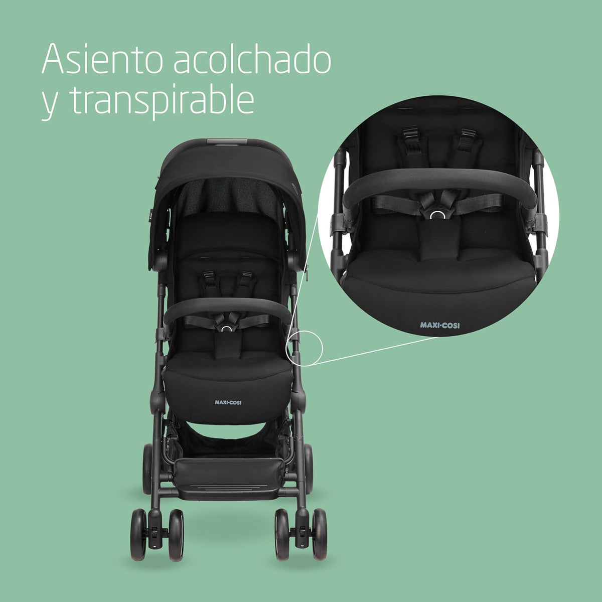 Maxi-Cosi Lara2, lekki wózek spacerowy, 0–4 lata, 0–22 kg, kompaktowy wózek, 3 pozycje nachylenia, pozycja leżąca, automatyczne składanie, pasek na ramię, kolor Essential Black