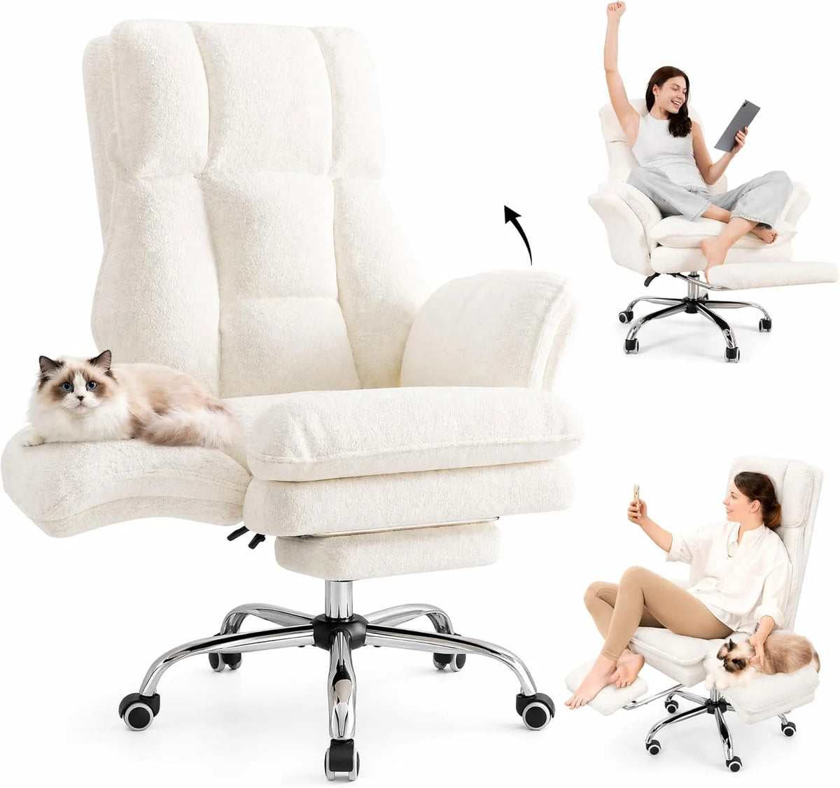 HOMRELEXA Duży i wysoki, ergonomiczny fotel biurowy dla kadry kierowniczej z podnóżkiem, podnoszonymi podłokietnikami i wysokim oparciem, pluszowe, kręcone włosy – biały