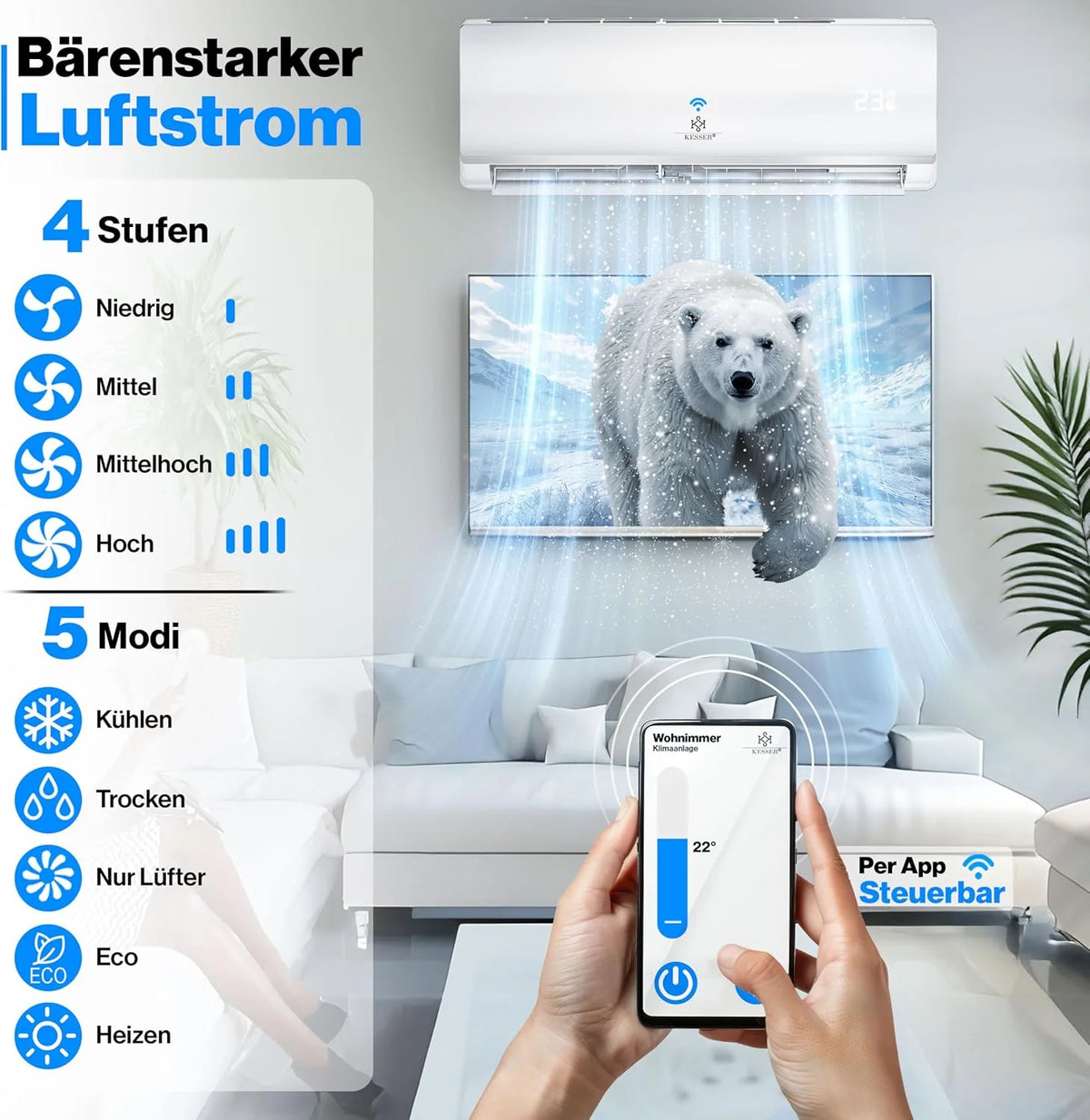 KESSER® Quick Connect 12000 BTU 3,4 kW Split Airconditioner Kit – WiFi en App Airconditioner met verwarmings- en koelfunctie Wandgemonteerde airconditioner met koperen leidingen Koelmiddel R32 Montagemateriaal inbegrepen