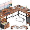 66” L Shaped Desk with Power Outlet, Reversible Computer Gaming Desk with File Drawer & 2 Monitor Stands for Home Office with Storage Shelves, Rustic Brown