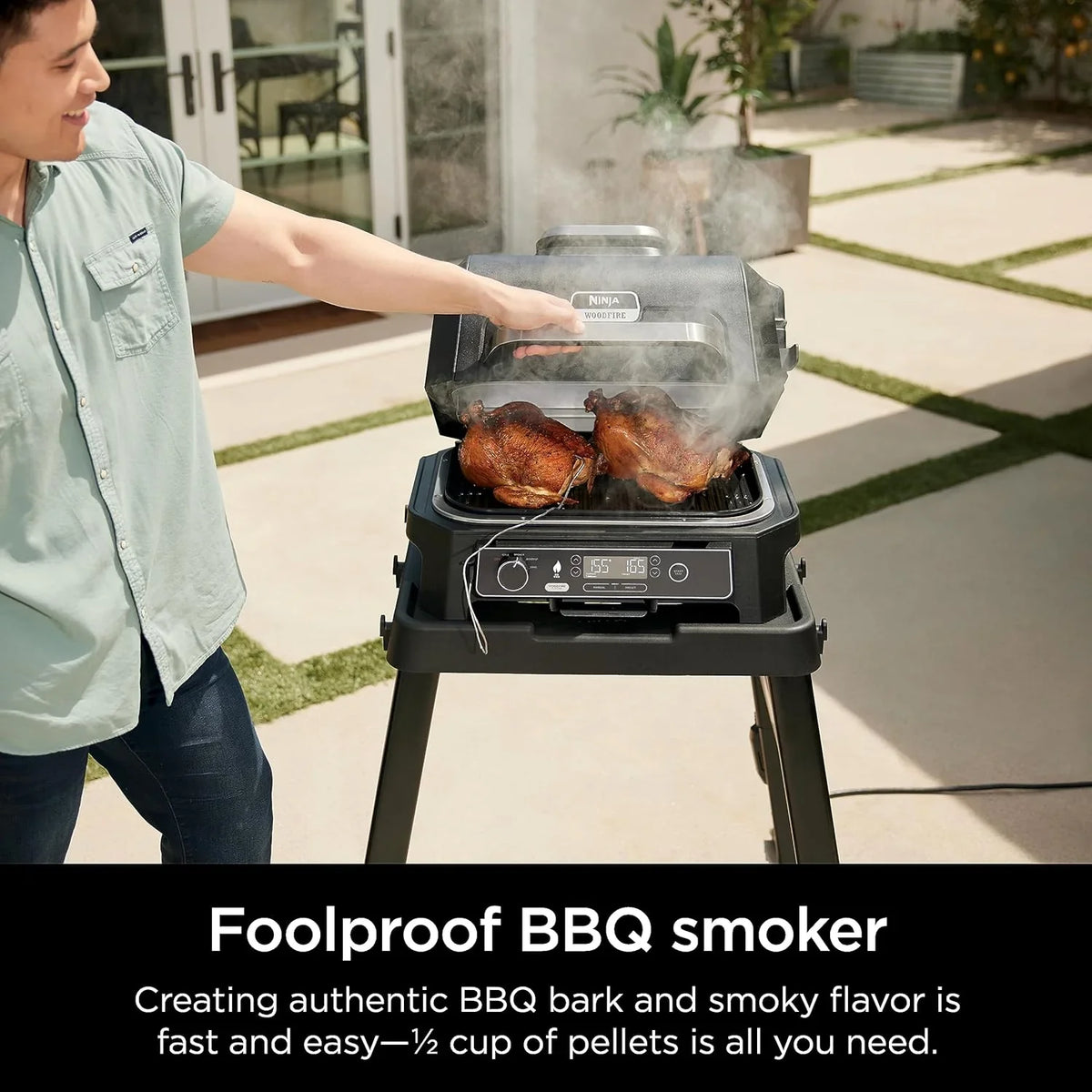 Grill i wędzarnia ogrodowa Ninja Woodfire Pro XL, termometr, wszechstronne urządzenie 4 w 1 (grill, wędzarnia BBQ, frytkownica beztłuszczowa, piekarnik), grill elektryczny przenośny, kolor ciemnoszary, model OG850