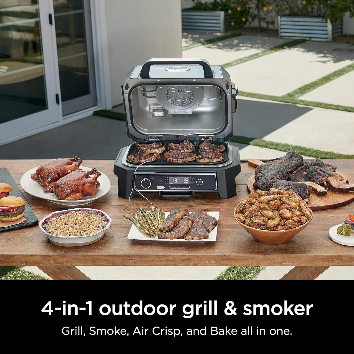 Grill i wędzarnia ogrodowa Ninja Woodfire Pro XL, termometr, wszechstronne urządzenie 4 w 1 (grill, wędzarnia BBQ, frytkownica beztłuszczowa, piekarnik), grill elektryczny przenośny, kolor ciemnoszary, model OG850