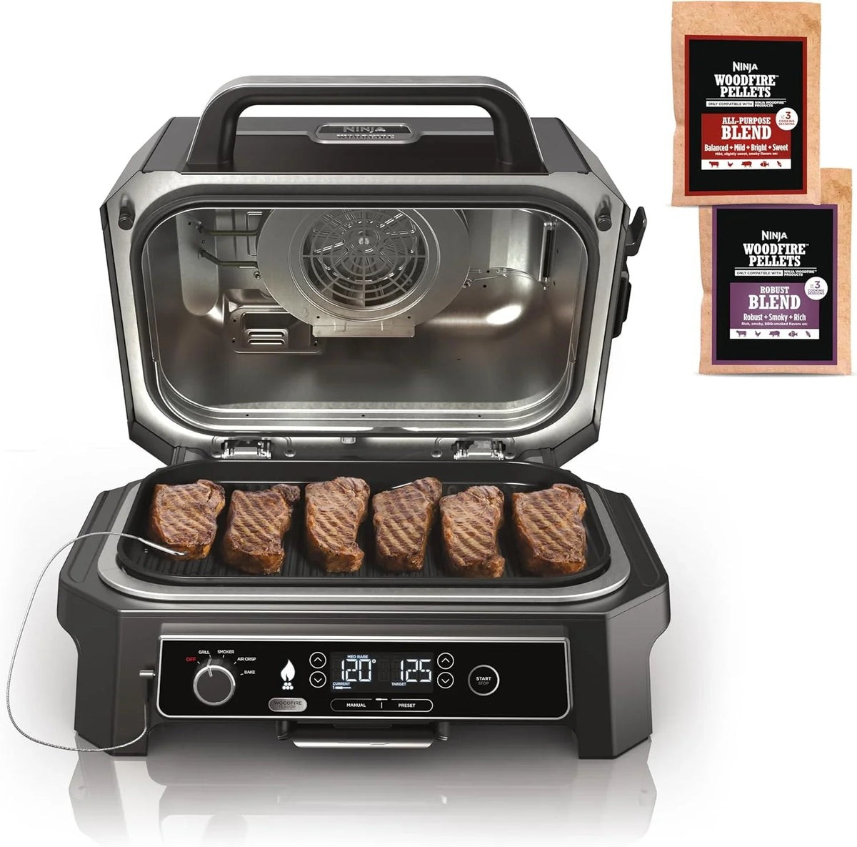 Grill i wędzarnia ogrodowa Ninja Woodfire Pro XL, termometr, wszechstronne urządzenie 4 w 1 (grill, wędzarnia BBQ, frytkownica beztłuszczowa, piekarnik), grill elektryczny przenośny, kolor ciemnoszary, model OG850