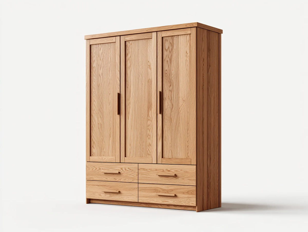 Driedelige kledingkast met lades, naturel hout, 150x60x200 cm - Eiken - Modern design voor opbergruimte