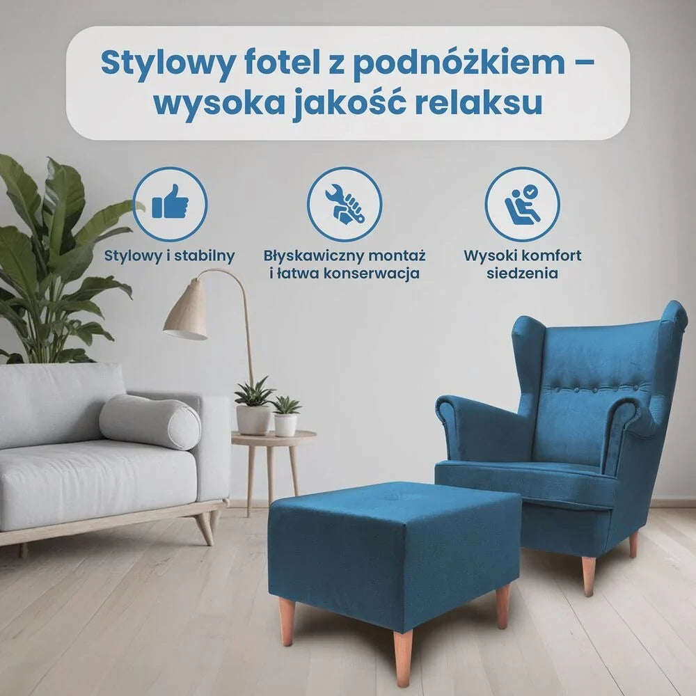 Jane Royal fauteuil met hoge rugleuning en voetenbankje, turquoise