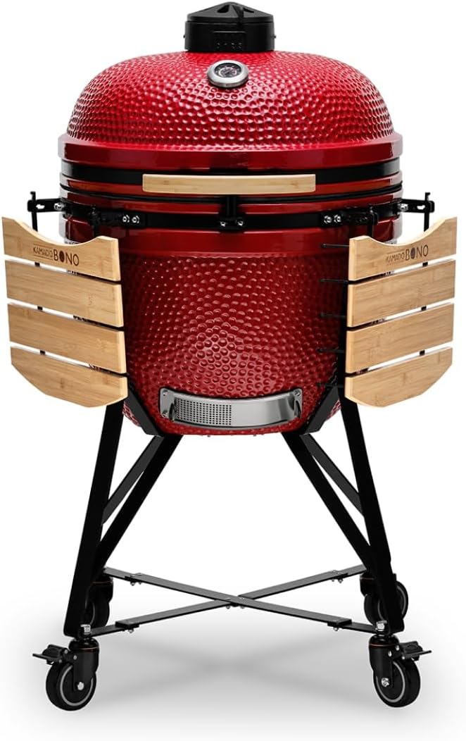 Kamado BONO BBQ Grande - keramische kamado grill met 6 accessoires - BBQ grill Ø 59 cm met accessoires - rode grill-smoker voor terras, balkon of tuin