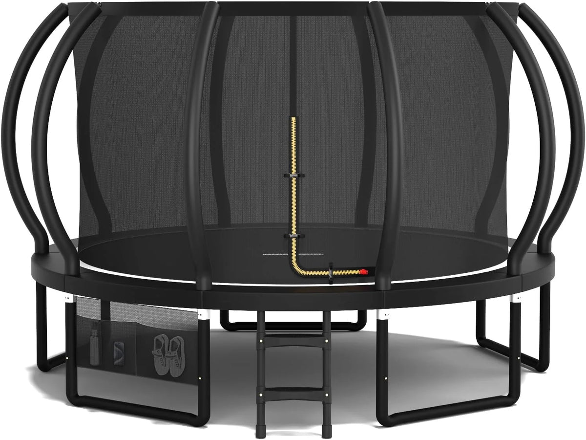 Trampolina ogrodowa Devoko dla dzieci Ø 228/305/366/427 cm, certyfikowana przez GS, trampolina do ogrodu dyniowego z siatką zabezpieczającą i drabinką, udźwig 150 kg