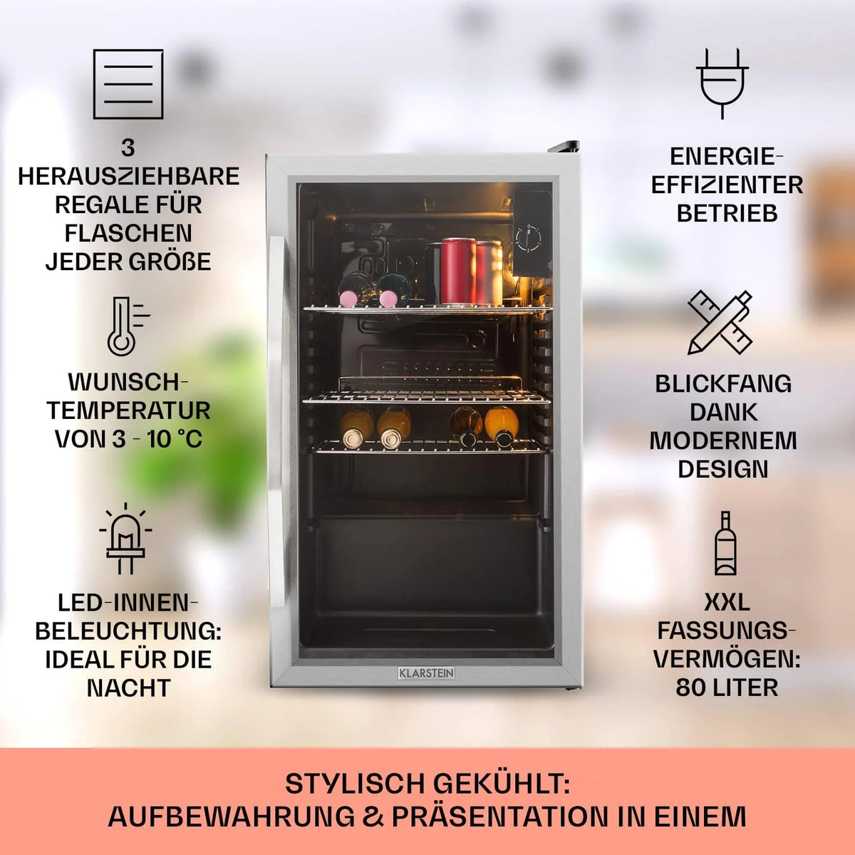 Klarstein Mini lodówka z drzwiami szklanymi do pomieszczeń, chłodziarka na napoje z regulowanymi półkami, mała 80 litrów, do użytku wewnątrz i na zewnątrz, cicha