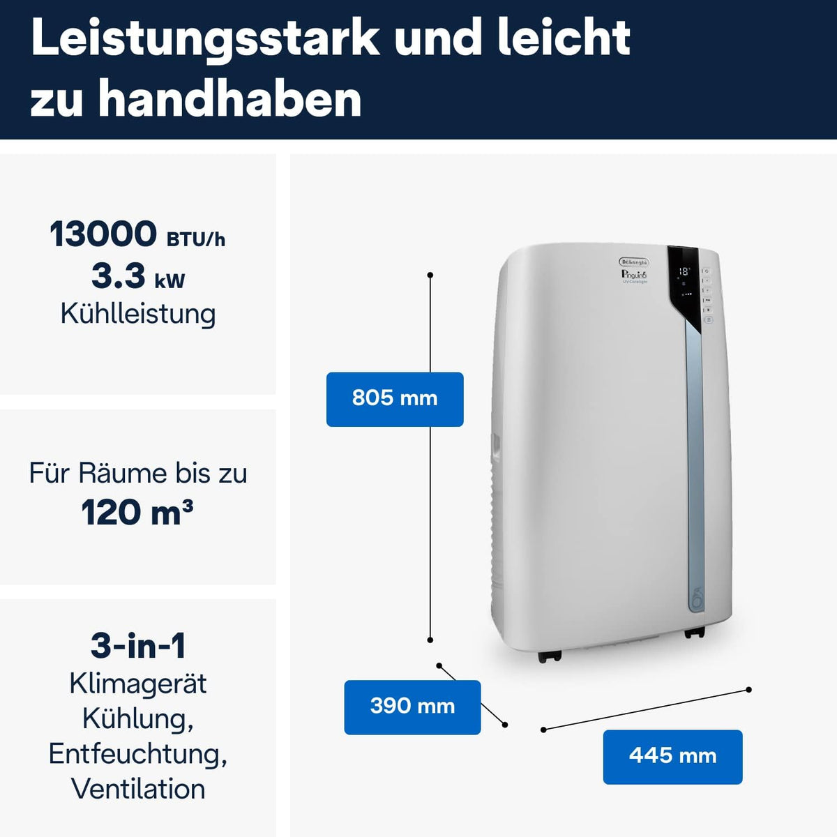 De'Longhi Pinguino PAC EL112 CST WiFi, przenośna klimatyzacja z technologią MyEcoRealFeel do pomieszczeń o kubaturze do 110 m³, 11 000 BTU/h, 2,9 kW, 63 dB, funkcja osuszania, A, sterowanie aplikacją i głosem, kolor biały