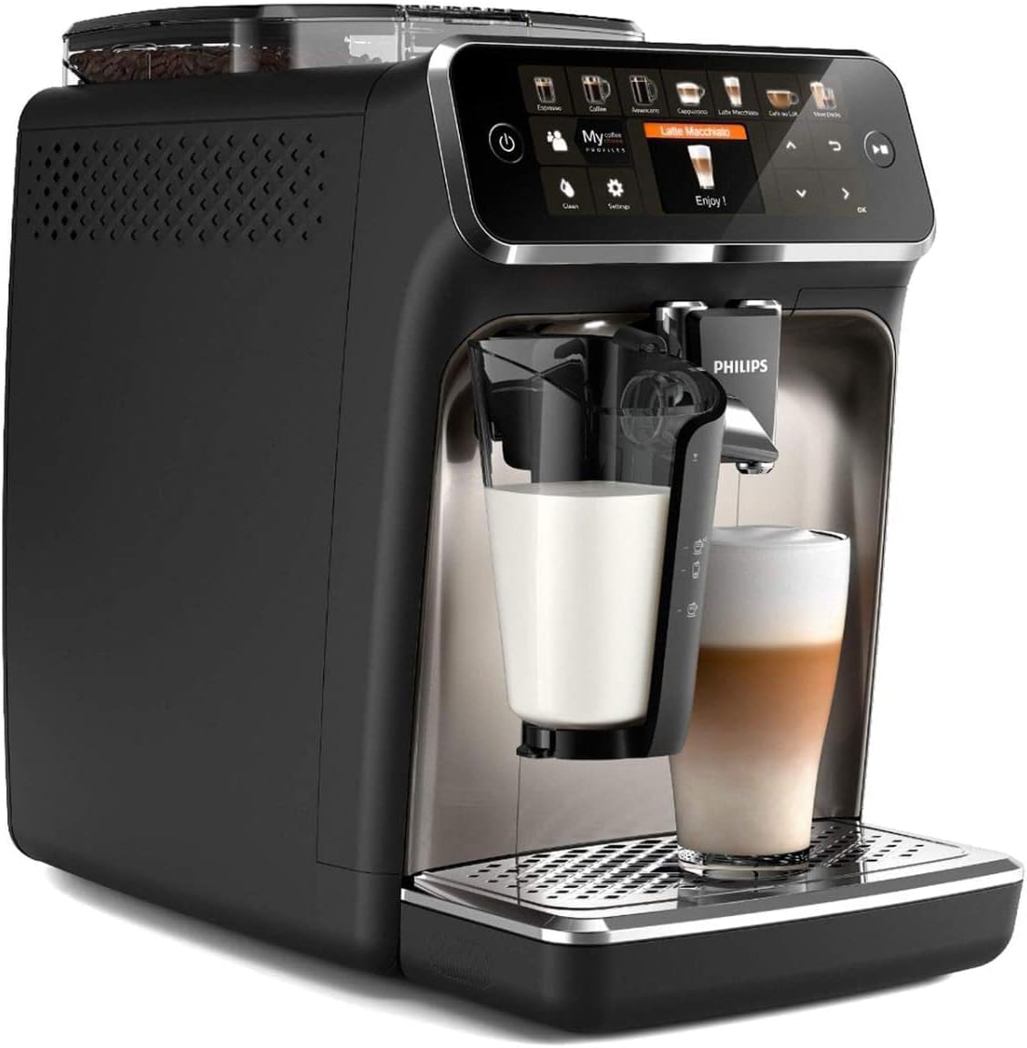 W pełni automatyczny ekspres do kawy Philips Series 5400 – system mleczny LatteGo, 12 specjałów kawowych, intuicyjny wyświetlacz, 4 profile użytkowników, chrom (EP5447/90)