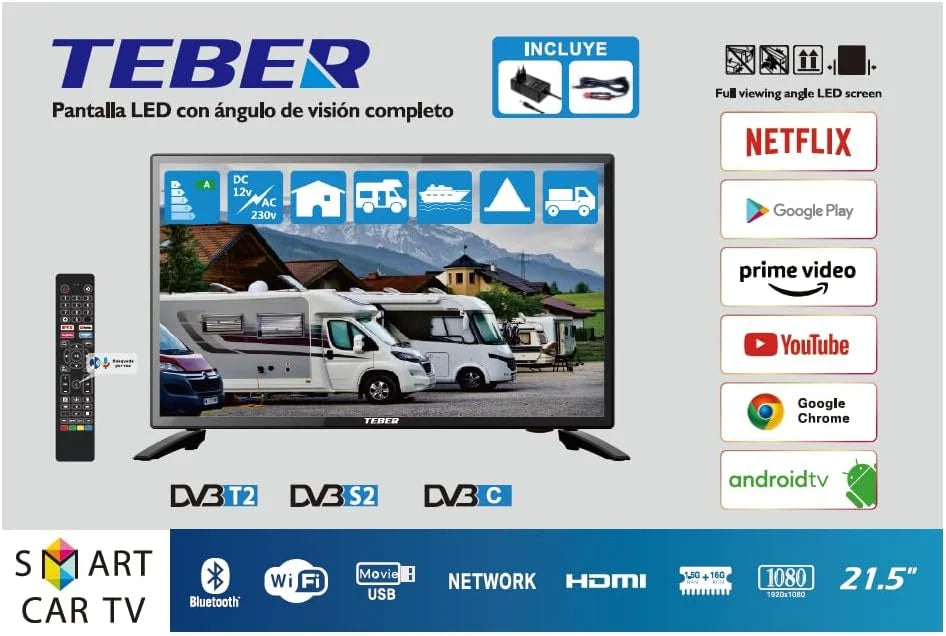 22-calowy telewizor Smart TV z zasilaczem 12 V i 230 V. Android. Full HD. DVB-S2/C/T2/T. Do kamperów, przyczep kempingowych, domów, przyczep kempingowych i łodzi. (22 cale)