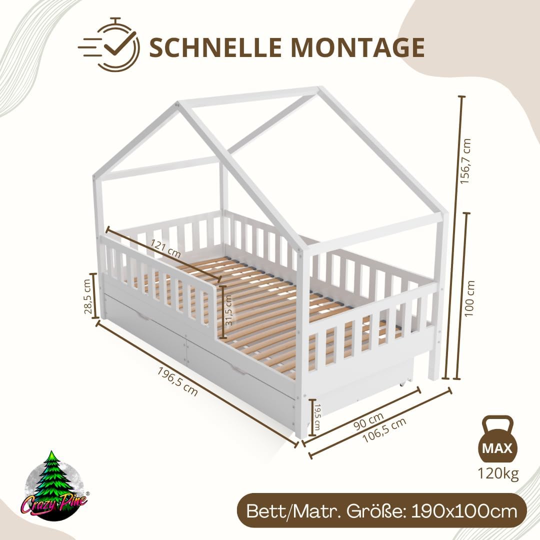 Łóżko Crazy Pine House z szufladami 200x90 cm – łóżko dziecięce z naturalnego drewna z zabezpieczeniem przed upadkiem – łóżko Montessori z dodatkową przestrzenią do przechowywania i wyjmowaną barierką – Crazy House