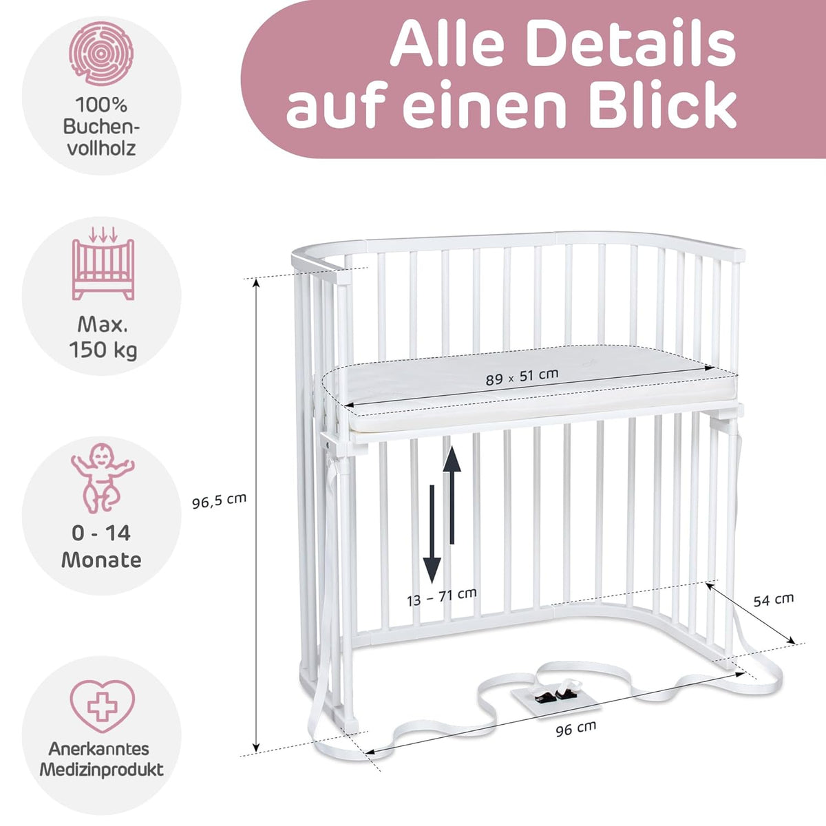 Oryginalne łóżeczko dostawne Babybay z litego drewna bukowego / kompaktowe i rozkładane / płynna regulacja wysokości łóżeczka i przyjazne dla środowiska / rośnie wraz z dzieckiem (lakierowane na biało) / w zestawie materac