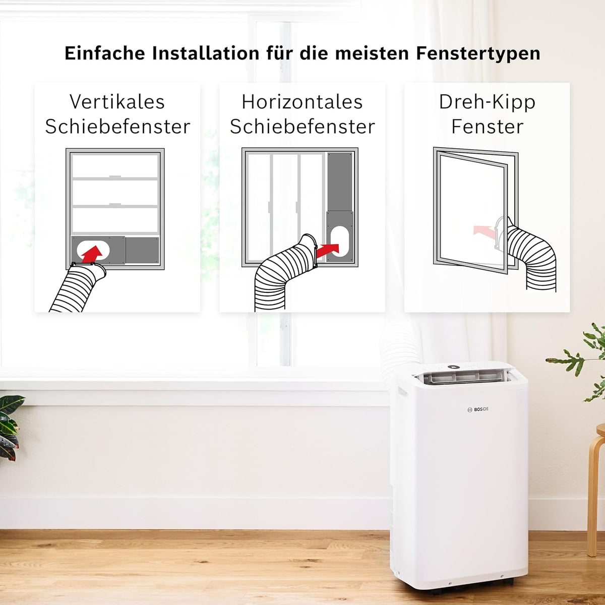 Klimatyzator przenośny Bosch Cool 4000 – 3 w 1: klimatyzator, osuszacz powietrza, wentylator – 2,6 kW do pomieszczeń o powierzchni do 35 m² – z trybem automatycznym, trybem cichym i trybem uśpienia