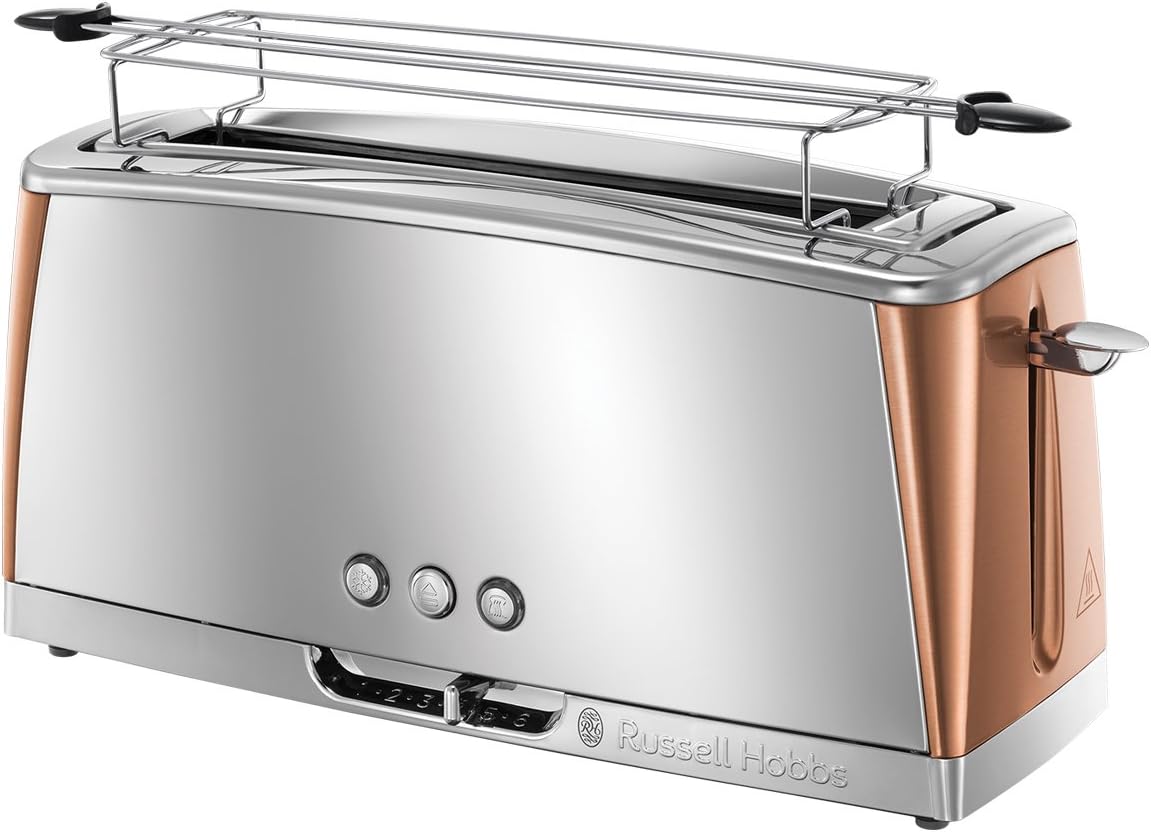 Toster Russell Hobbs Luna [na 2 kromki] Stal nierdzewna, miedź (bardzo szerokie otwory do opiekania, w tym podgrzewacz bułek, 6 poziomów opiekania, funkcja rozmrażania i podgrzewania, 1550 W) 24290-56