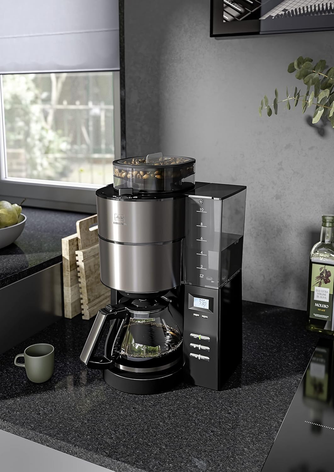 Melitta AromaFresh - Ekspres przelewowy - ze szklanym dzbankiem - wbudowanym młynkiem - funkcją timera - 10 filiżanek - Czysta czerń