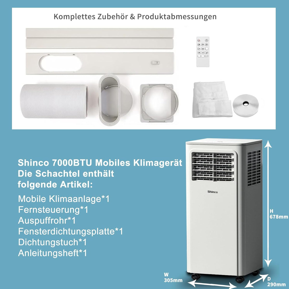 Przenośna klimatyzacja SHINCO z przewodem wydechowym, 9000 BTU, 2,6 kW, chłodzenie, wentylacja i osuszanie, przenośna klimatyzacja z trybem uśpienia, powierzchnia pomieszczenia do 22 m², 24-godzinny timer