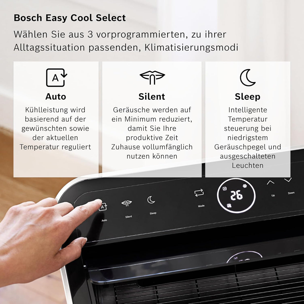 Klimatyzator przenośny Bosch Cool 4000 – 3 w 1: klimatyzator, osuszacz powietrza, wentylator – 2,6 kW do pomieszczeń o powierzchni do 35 m² – z trybem automatycznym, trybem cichym i trybem uśpienia