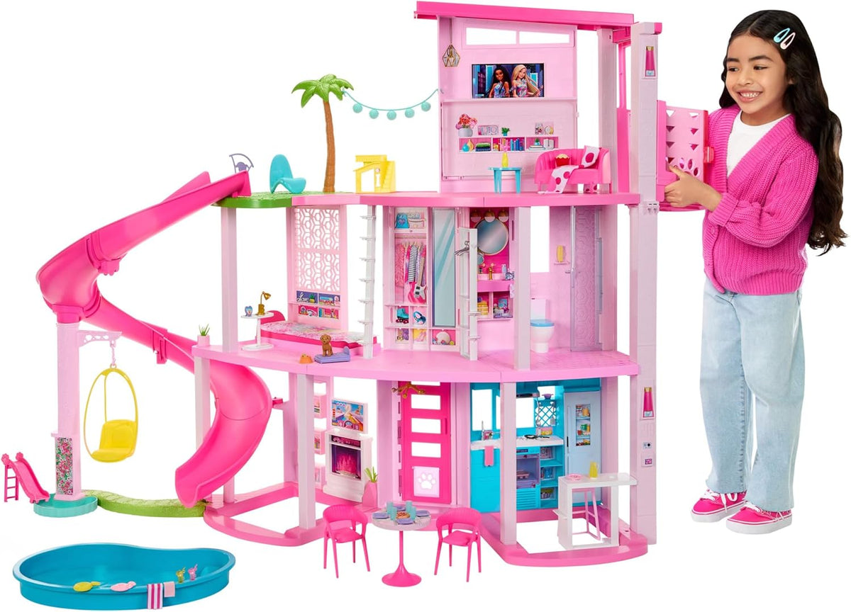 Barbie Dreamhouse 2023 – trzypiętrowy domek dla lalek z 75 meblami i akcesoriami, dla dzieci od 3. roku życia (Mattel HMX10)