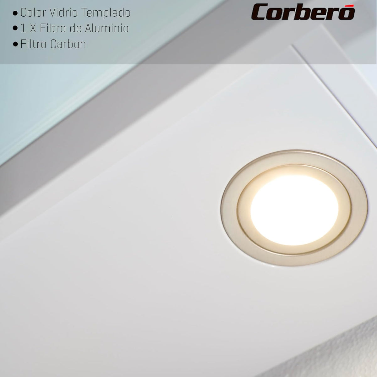 Corberó – Okap kuchenny 90 cm | VICTORIA960W | 594,2 m³/h | 67 dB | 165 W | 3 prędkości | Sterowanie dotykowe | Szkło hartowane | Filtr aluminiowy i węglowy | Białe szkło