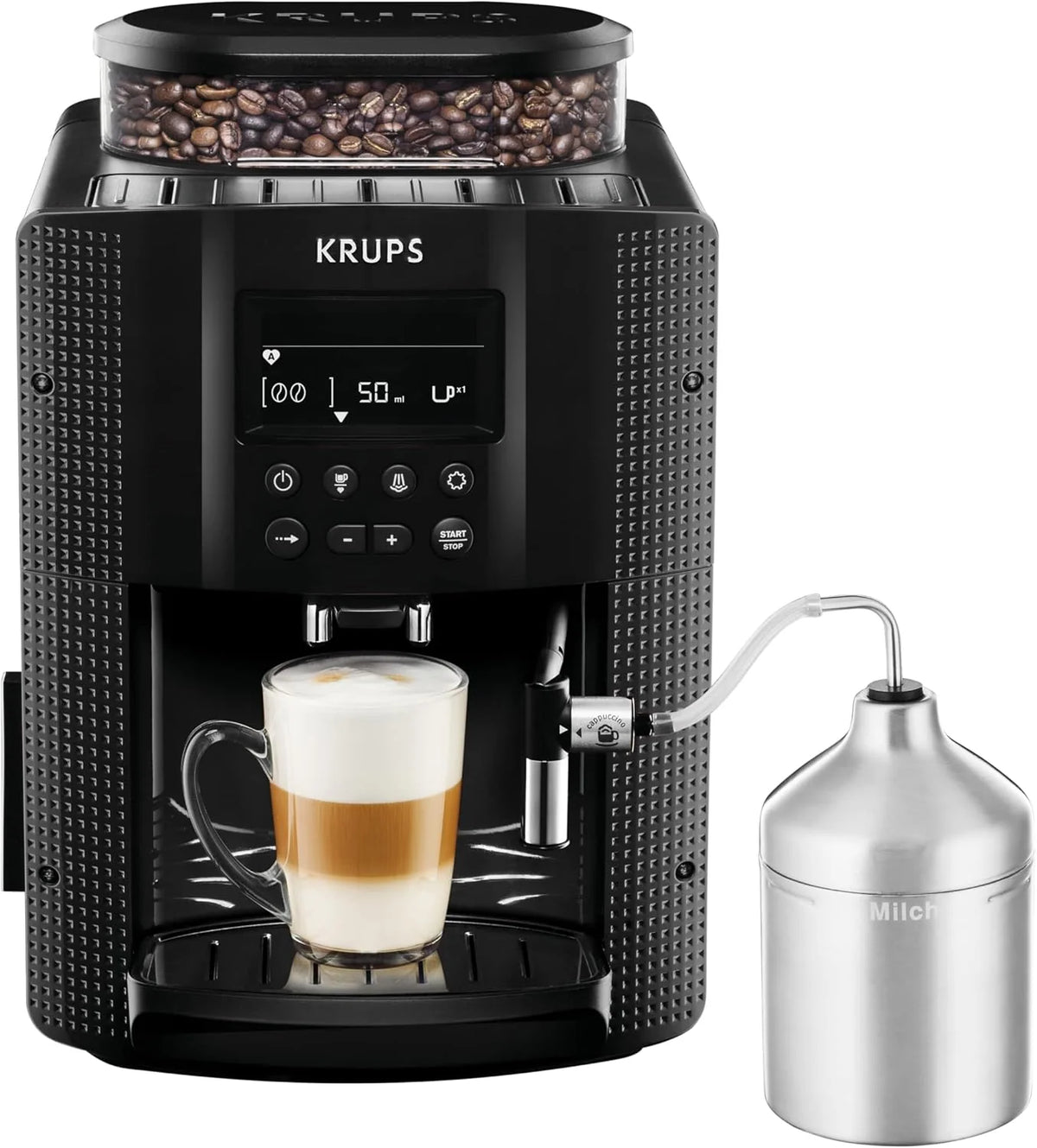 Ekspres do kawy Krups Essential w pełni automatyczny z wężykiem do mleka, funkcja parzenia 2 filiżanek, wyświetlacz LCD, łatwe czyszczenie, certyfikat TÜV, czarny, EA816031