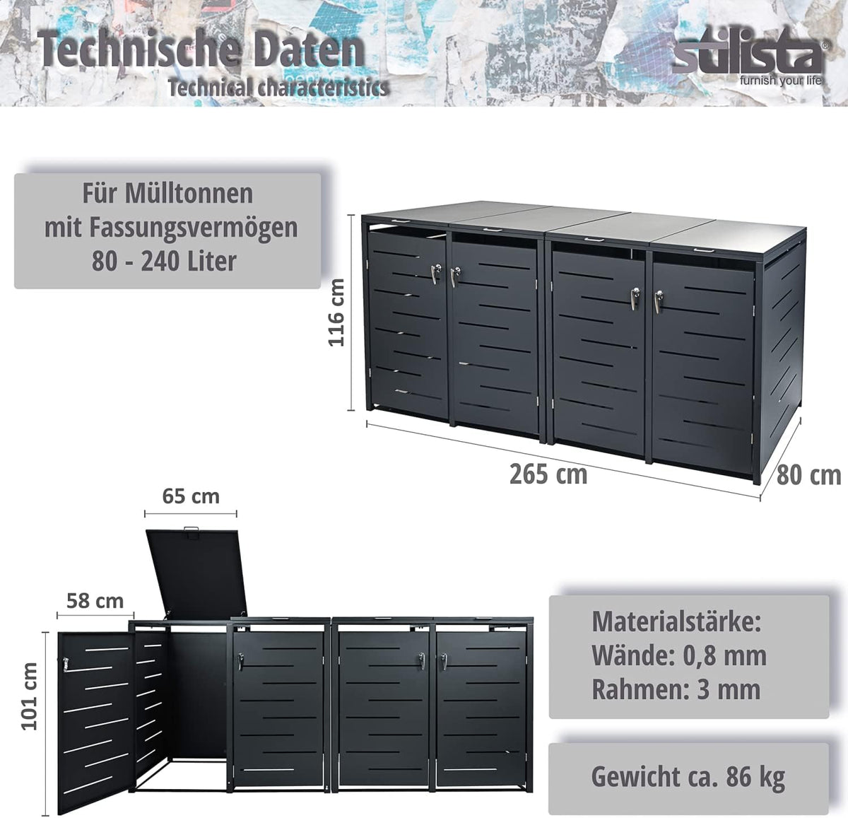 Obudowa metalowa STILISTA na 4 pojemniki po 240 litrów każdy, antracyt