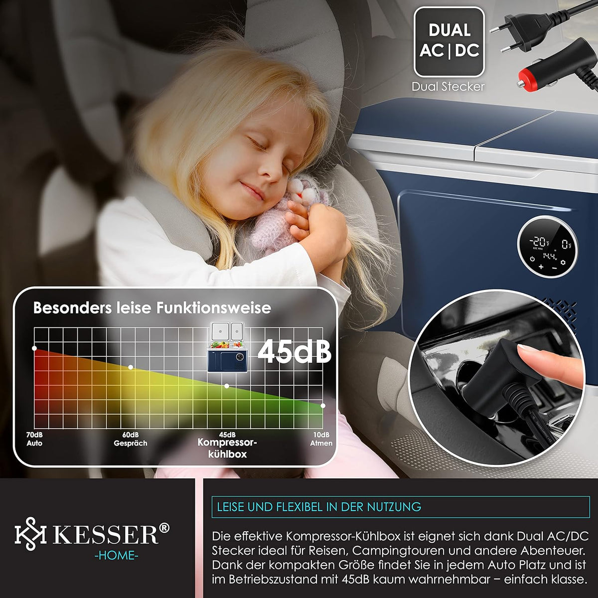 Lodówka kompresorowa KESSER® 2 w 1, dwustrefowa, z komorą chłodzenia i mrożenia, elektryczna zamrażarka z 2 wkładami chłodzącymi i dotykowym sterowaniem LED | Lodówka chłodząca do -20°C, idealna na kemping, do samochodu, ciężarówki, 12/24 V 230 V