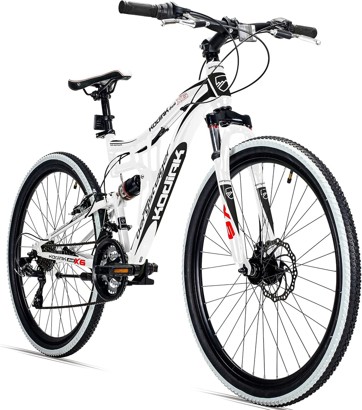 Rower górski Bergsteiger Kodiak (koła 26 lub 29 cali), hamulce tarczowe, 21-biegowy napęd Shimano, pełna amortyzacja (full-suspension) – rower MTB dla chłopców, dziewcząt, kobiet i mężczyzn