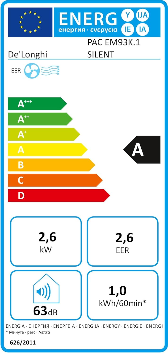 De'Longhi Pinguino PAC EL112 CST WiFi, przenośna klimatyzacja z technologią MyEcoRealFeel do pomieszczeń o kubaturze do 110 m³, 11 000 BTU/h, 2,9 kW, 63 dB, funkcja osuszania, A, sterowanie aplikacją i głosem, kolor biały