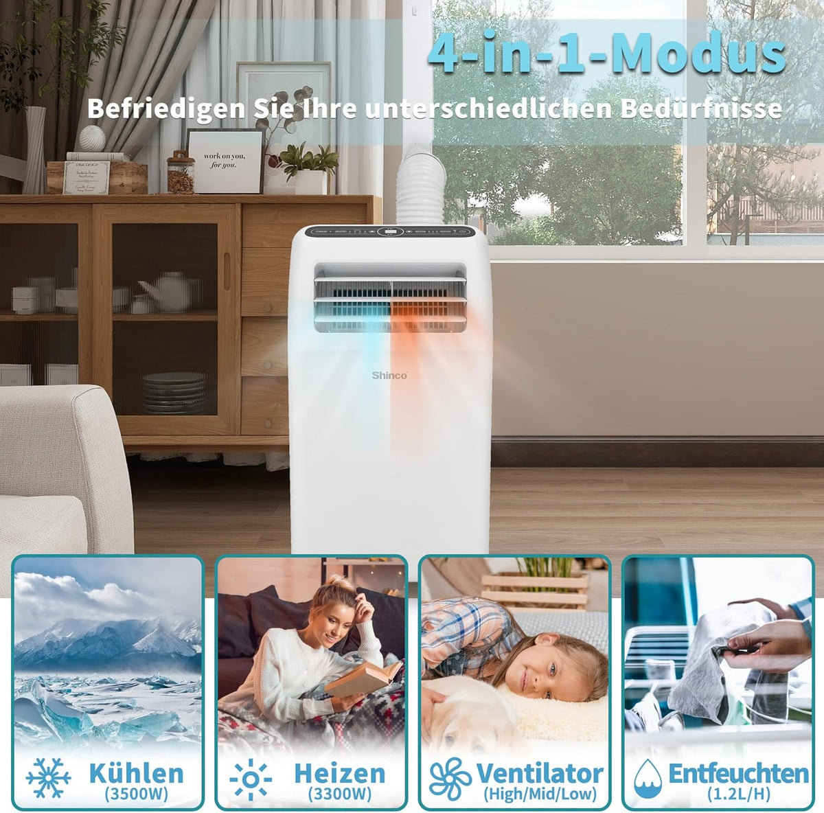 Przenośna klimatyzacja SHINCO z przewodem wydechowym, 9000 BTU, 2,6 kW, chłodzenie, wentylacja i osuszanie, przenośna klimatyzacja z trybem uśpienia, powierzchnia pomieszczenia do 22 m², 24-godzinny timer