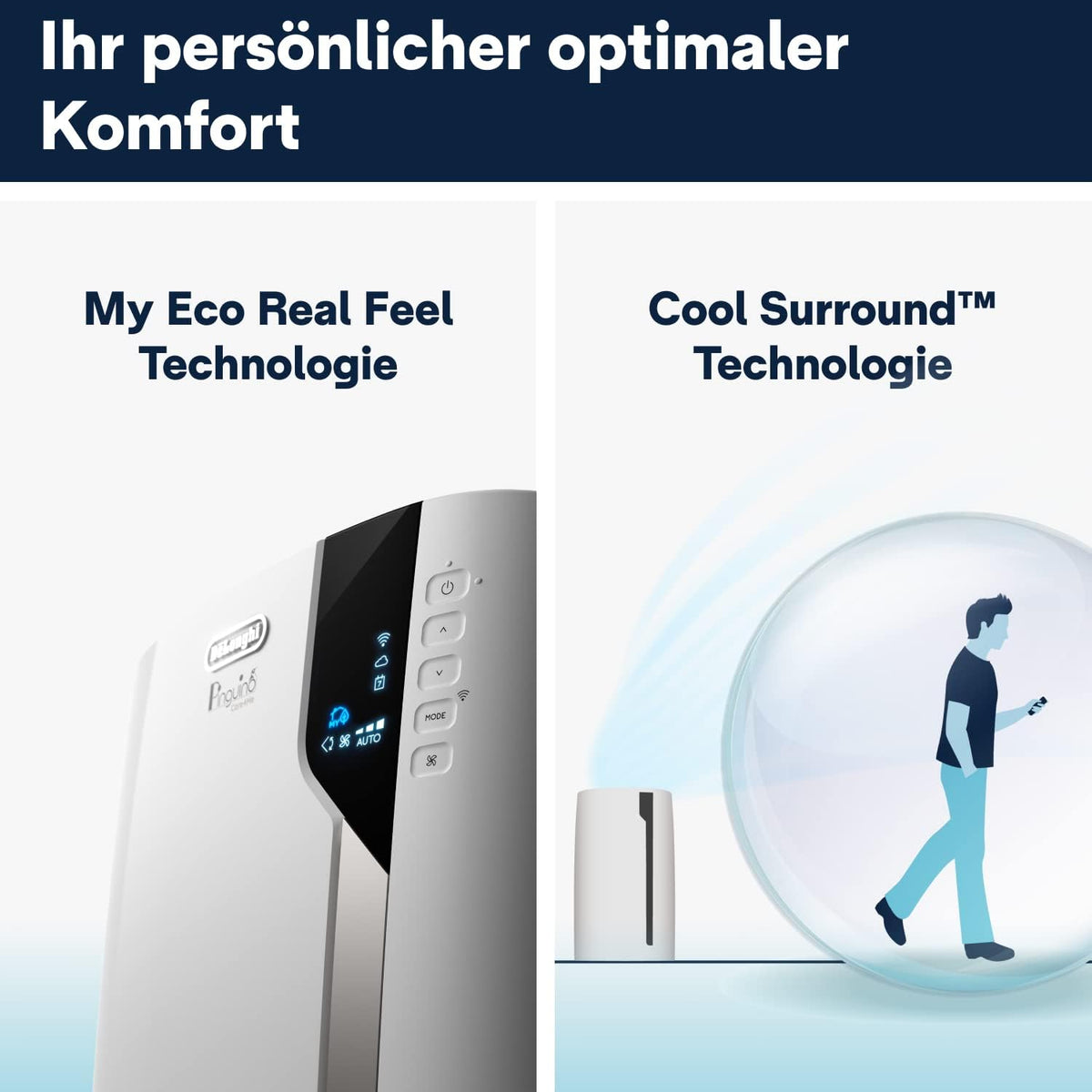 De'Longhi Pinguino PAC EL112 CST WiFi, przenośna klimatyzacja z technologią MyEcoRealFeel do pomieszczeń o kubaturze do 110 m³, 11 000 BTU/h, 2,9 kW, 63 dB, funkcja osuszania, A, sterowanie aplikacją i głosem, kolor biały