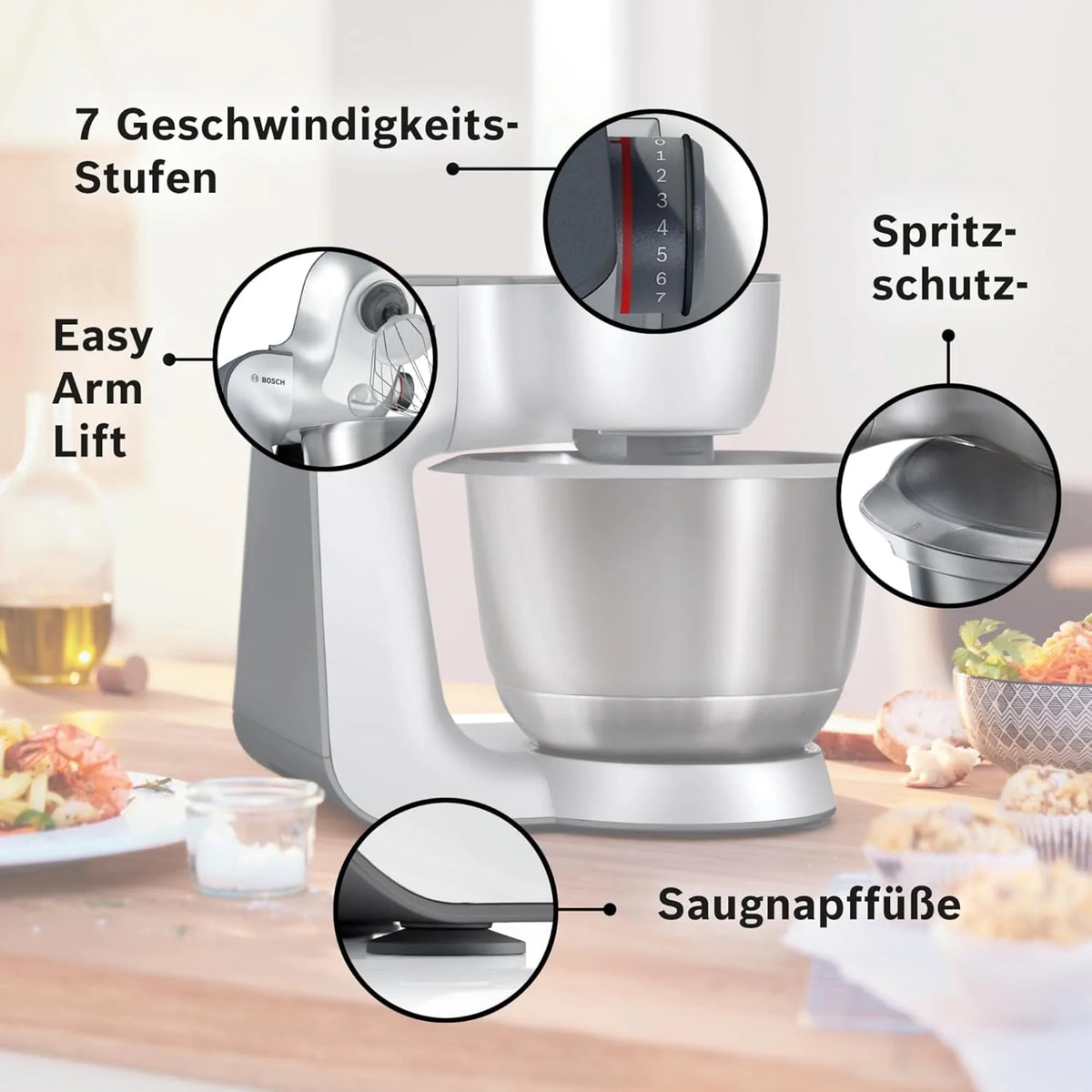 Robot kuchenny Bosch serii 4 MUM56340, misa 3,9 l, blender 1,25 l, maszynka do mięsa, wyciskarka do cytrusów, mikser planetarny, hak do ciasta, trzepaczka, ubijak, rozdrabniacz ciągły, 3 tarcze, 900 W, srebrny/szary
