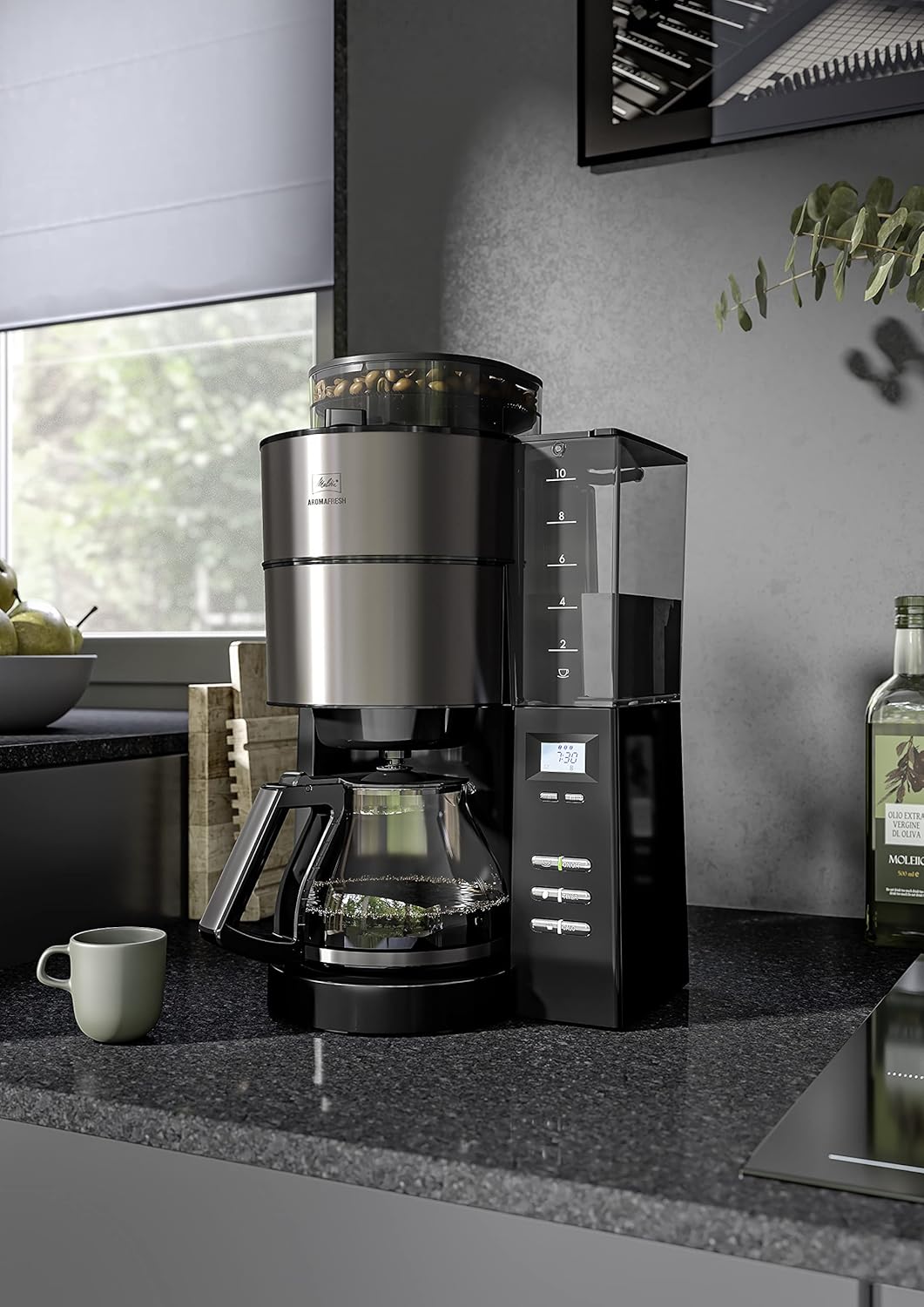 Melitta AromaFresh - Ekspres przelewowy - ze szklanym dzbankiem - wbudowanym młynkiem - funkcją timera - 10 filiżanek - Czysta czerń